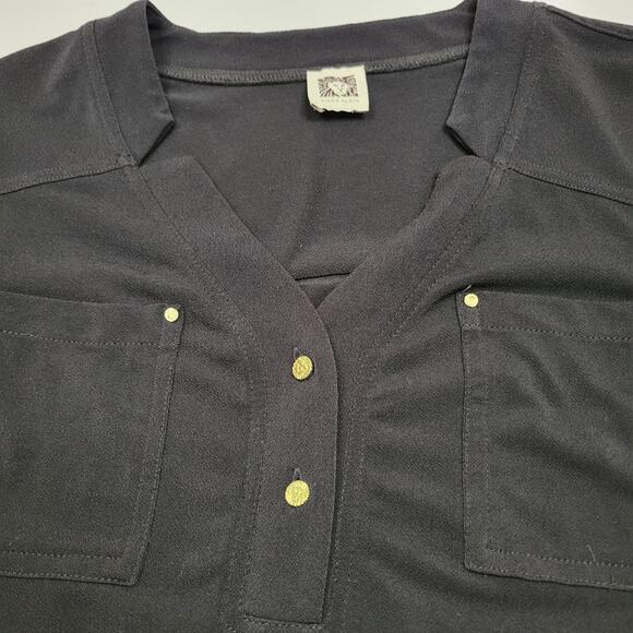 Anne Klein Women's v-neck Blouse Black Gold buttons rivets Pockets Womens Size M - Picture 2 of 8